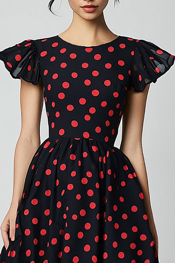 En linje volang ärmar Röd Polka Dots Klänning